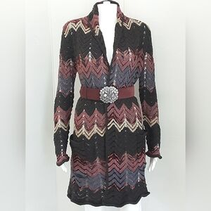 JUST JEANS Gray Pink Chevron Open Front Long Cardigan Sweater Sz XS